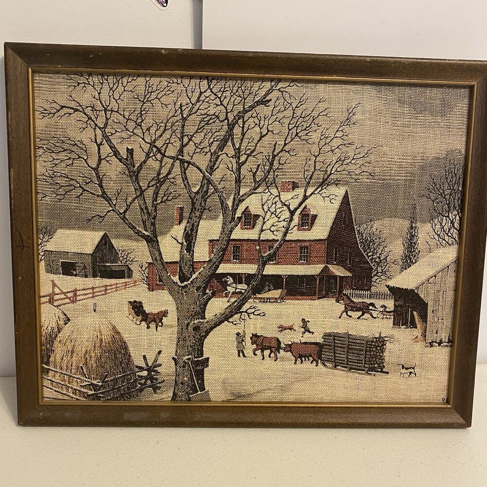 VTG Original Art Painting On Barkcloth Fabric Novelty Farmhouse Framed Wall Art
